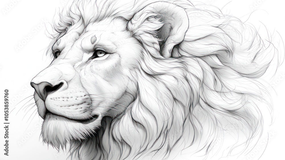 Obraz premium Detailed outline of a majestic lion head, with flowing mane and sharp facial features, designed in a stylized, artistic fashion for decoration