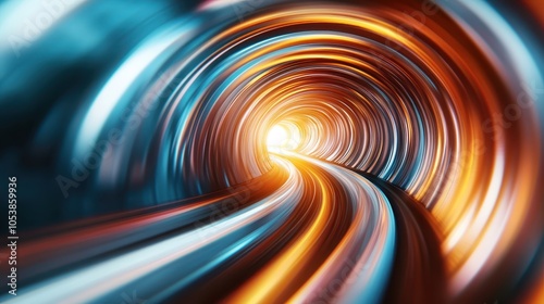 A radiant tunnel illustrating a blend of vivid orange and blue light, symbolizing a high-speed path through motion, time, and dimension, suggesting transformation. photo