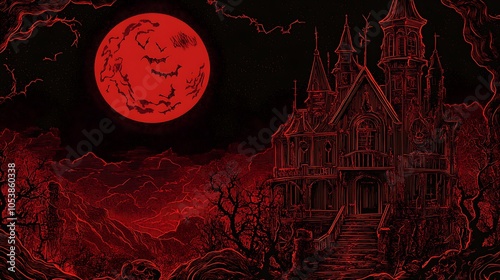 Halloween dark red vector background featuring haunted house outlines photo