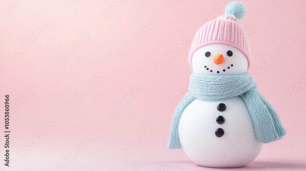 A snowman with a pink hat and blue scarf stands on a pink background. The snowman's cheerful expression and colorful accessories create a warm and inviting atmosphere A snowman with a pink hat and blue scarf stands on a pink background. The snowman's cheerful expression and colorful accessories create a warm and inviting atmosphere
