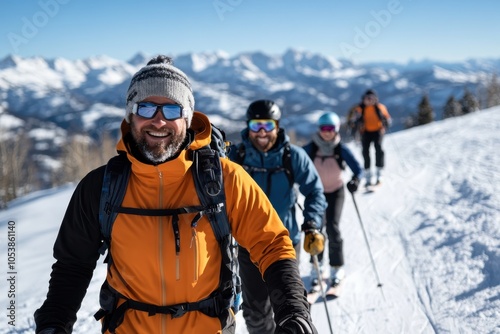 A group of smiling hikers in bright winter gear trek through a snowy mountain landscape, with sunny skies and jagged peaks in the background, enjoying camaraderie.