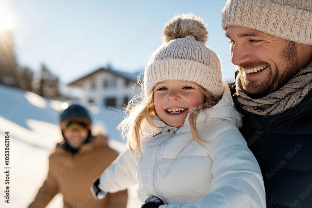 A joyful family moment is captured in a snowy setting with a smiling child dressed in winter attire, conveying warmth and happiness in wintertime adventure. A joyful family moment is captured in a snowy setting with a smiling child dressed in winter attire, conveying warmth and happiness in wintertime adventure.