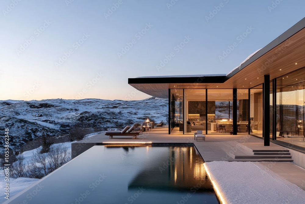 Fototapeta premium An exquisite retreat set amidst a snowy landscape with panoramic views, featuring elegant architecture and a sleek infinity pool capturing a sense of ultimate luxury.