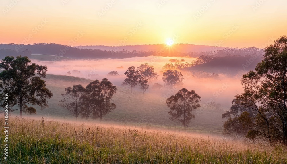 Fototapeta premium A breathtaking sunrise over a misty landscape, with gentle rolling hills and silhouettes of trees, creating a serene and tranquil atmosphere, perfect for nature lovers.