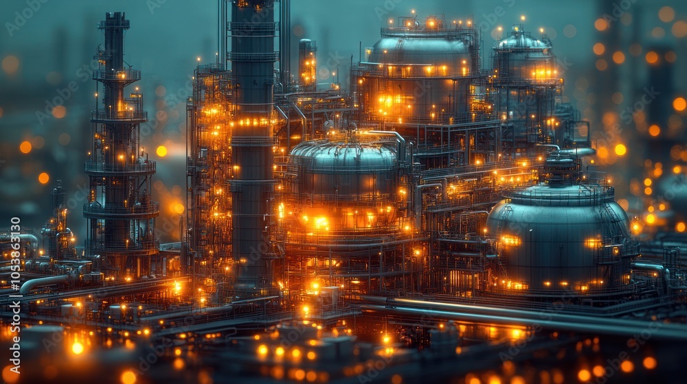 Obraz premium Industrial complex with glowing lights and structures at dusk.