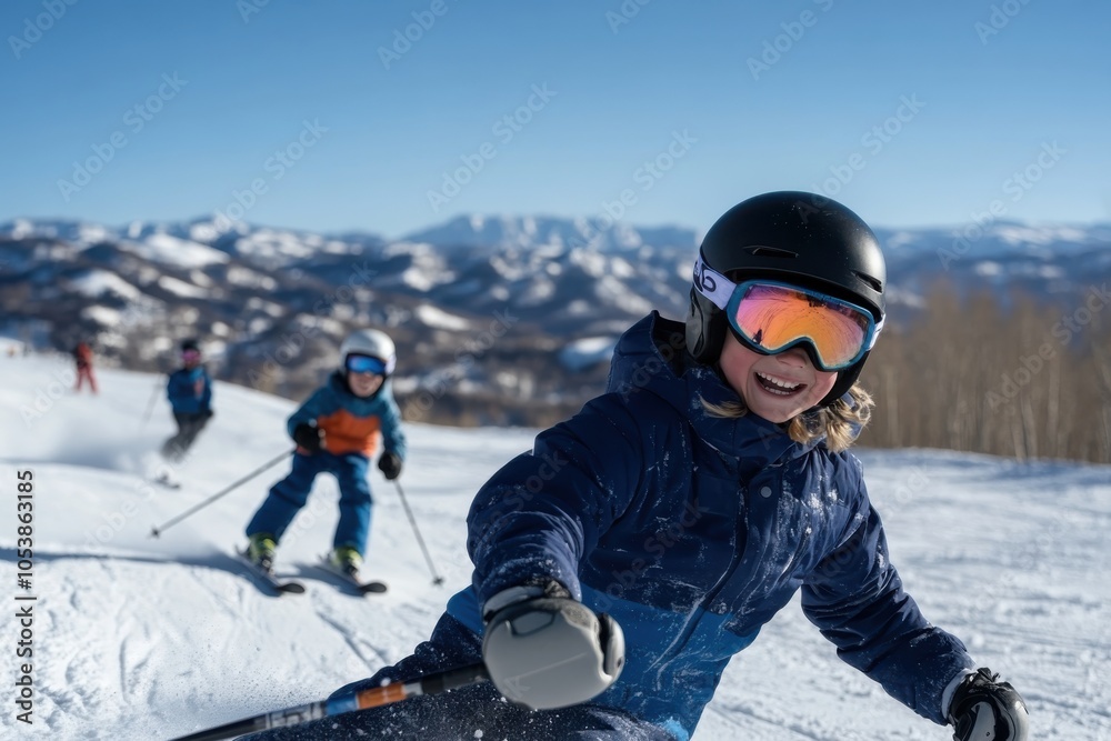 A young skier joyously navigating the snowy slopes under a clear blue sky, brimming with enthusiasm and capturing the spirit of adventure and vitality. A young skier joyously navigating the snowy slopes under a clear blue sky, brimming with enthusiasm and capturing the spirit of adventure and vitality.