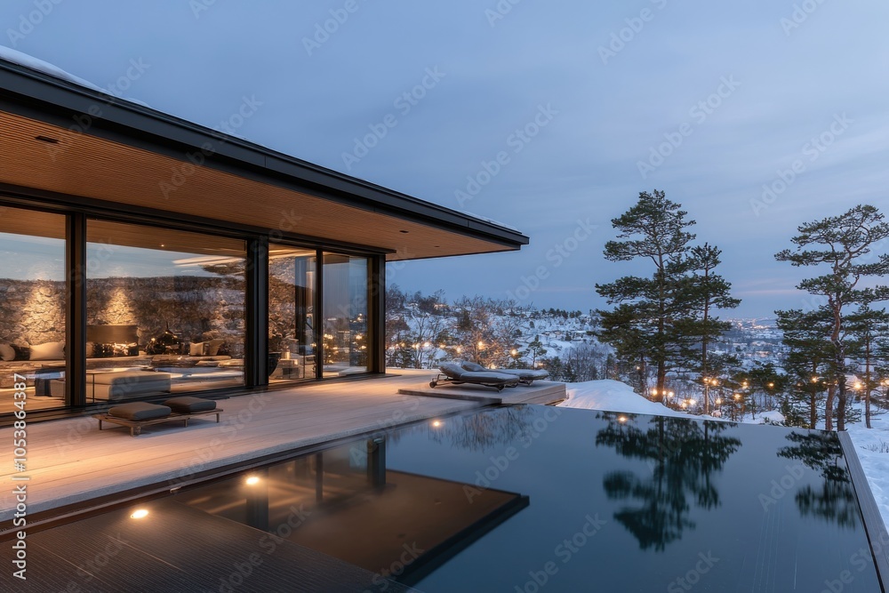 Fototapeta premium The image highlights a modern villa at dusk, offering an illuminated pool deck and large glass doors, situated in a serene, snow-covered hillside with ambient lighting.
