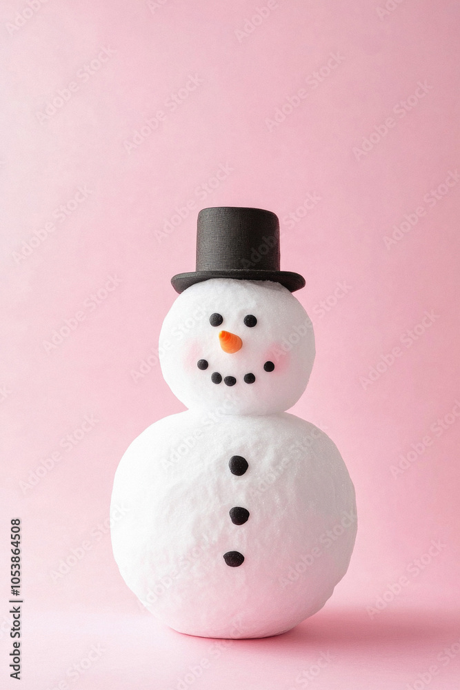 Fototapeta premium A snowman with a hat and a carrot nose is standing on a pink background. The snowman's expression is happy and playful, and the hat adds a touch of whimsy to the scene