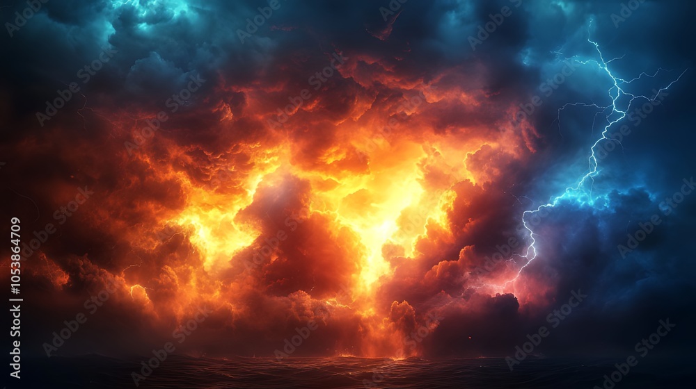 A dramatic stormy sky with fiery orange and blue lightning bolts over the ocean. A dramatic stormy sky with fiery orange and blue lightning bolts over the ocean.