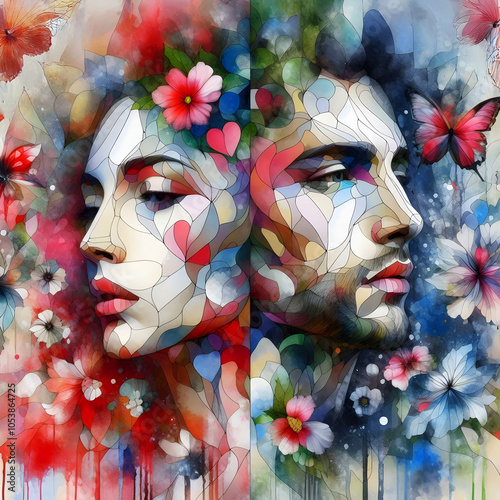 Love and separate in an abstractional watercolor piece with two faces photo