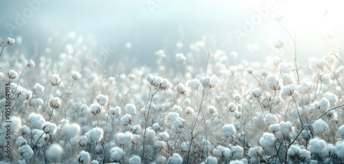 A serene cotton field illuminated by soft sunlight, showcasing delicate white cotton blooms against a misty background. Ideal for nature lovers and agricultural themes.