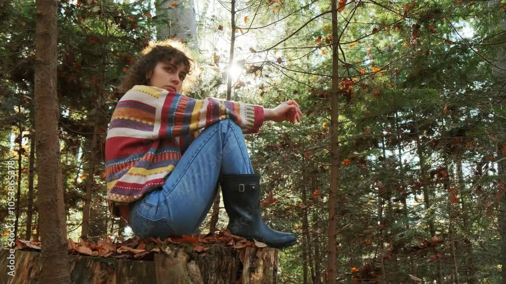 Beautiful young woman sitting on a stump in the autumn forest Beautiful young woman sitting on a stump in the autumn forest