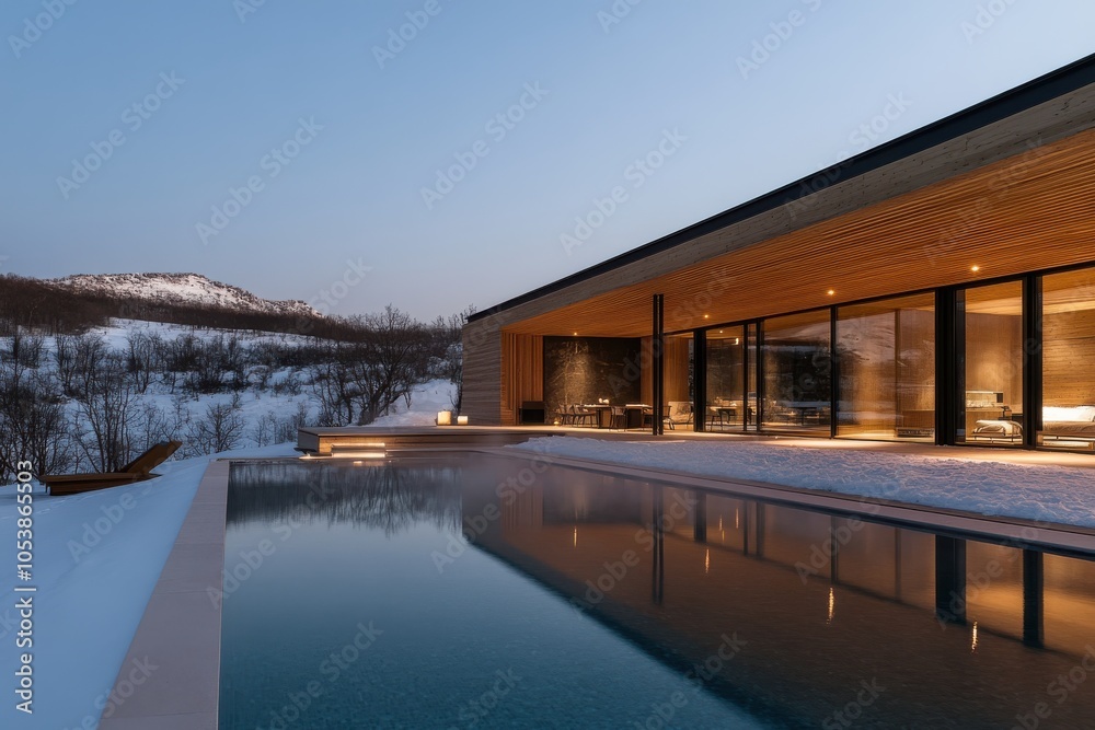 A contemporary alpine house with a sleek design is beautifully set against a snowy mountain backdrop, featuring an inviting outdoor pool under the evening sky. A contemporary alpine house with a sleek design is beautifully set against a snowy mountain backdrop, featuring an inviting outdoor pool under the evening sky.
