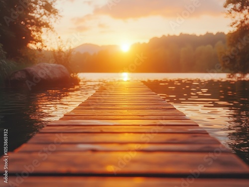 A serene view of a wooden dock leading into a tranquil lake at sunset, with beautiful reflections of the colorful sky on the water surface. photo