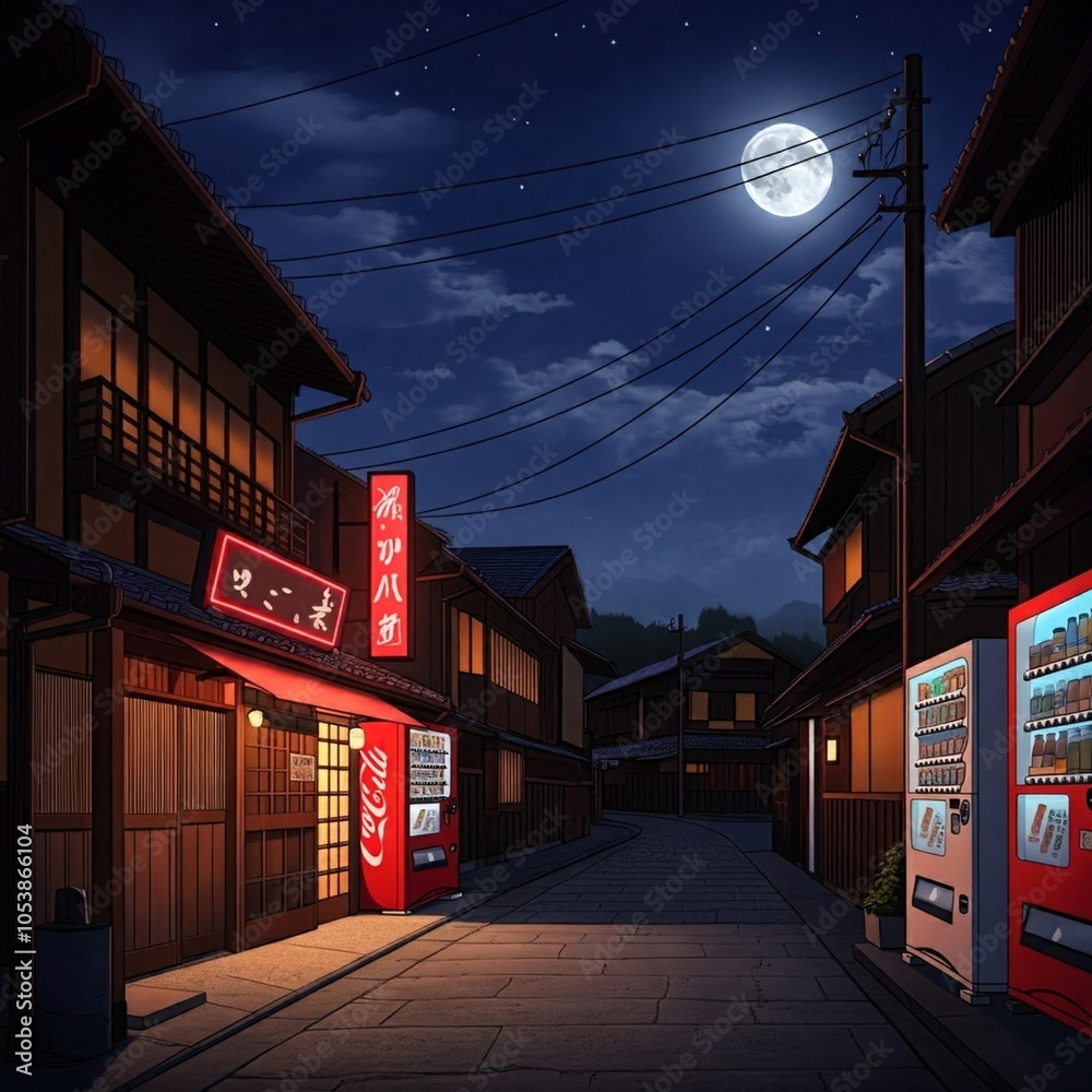 Fototapeta premium Japanese Village Under Moonlight
