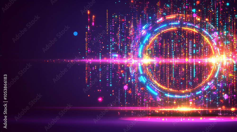 Obraz premium Abstract Futuristic Technology Background with Neon Lights and Digital Code, data, binary, programming, network, internet