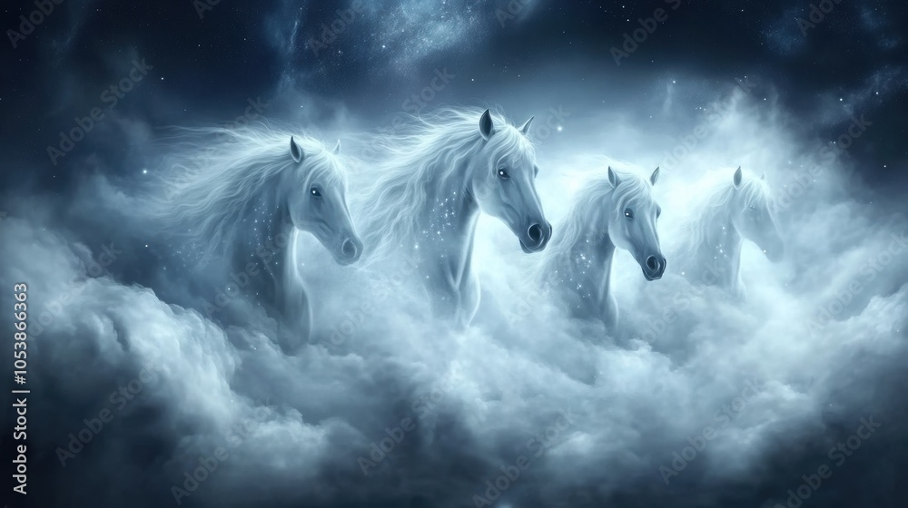 Obraz premium Majestic white horses gallop through ethereal clouds under a starlit sky, AI