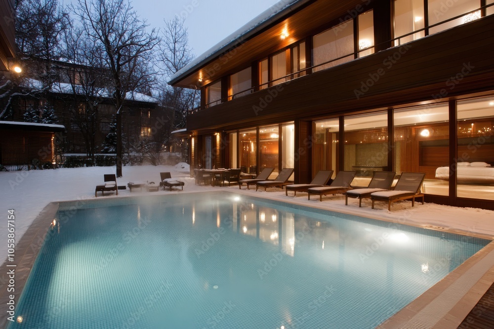 Fototapeta premium This elegant modern home features a steaming heated pool surrounded by a snow-covered landscape, offering warmth and comfort with stylish design elements.