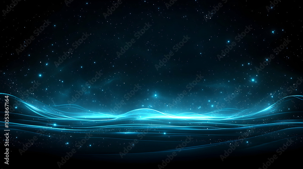 Obraz premium Abstract Blue Glowing Waves in Dark Space, galaxy, stars, night, sky, cosmic