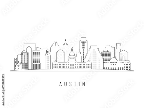 Detailed Austin skyline vector illustration. Austin buildings in line art style, perfect for modern designs.