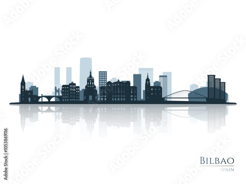 Bilbao skyline silhouette with reflection. Landscape Bilbao, Spain. Vector illustration.