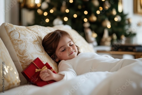 A peaceful scene with a child asleep, clutching a red gift under the entrancing glow of a Christmas tree, signifies warmth, dreams and festive serenity. photo