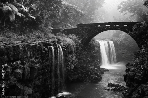 Hana Highway's Scenic Route: A One Lane Bridge by a Waterfall in Maui's Rainforest photo