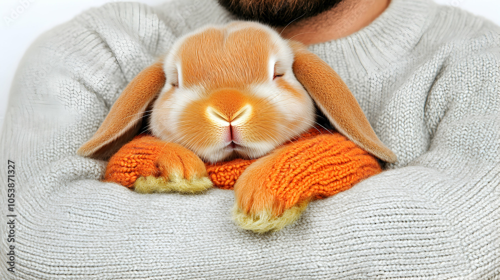Fototapeta premium Cute rabbit bunny sleeping in knitted sweater, adorable, fluffy, soft, cozy, warm