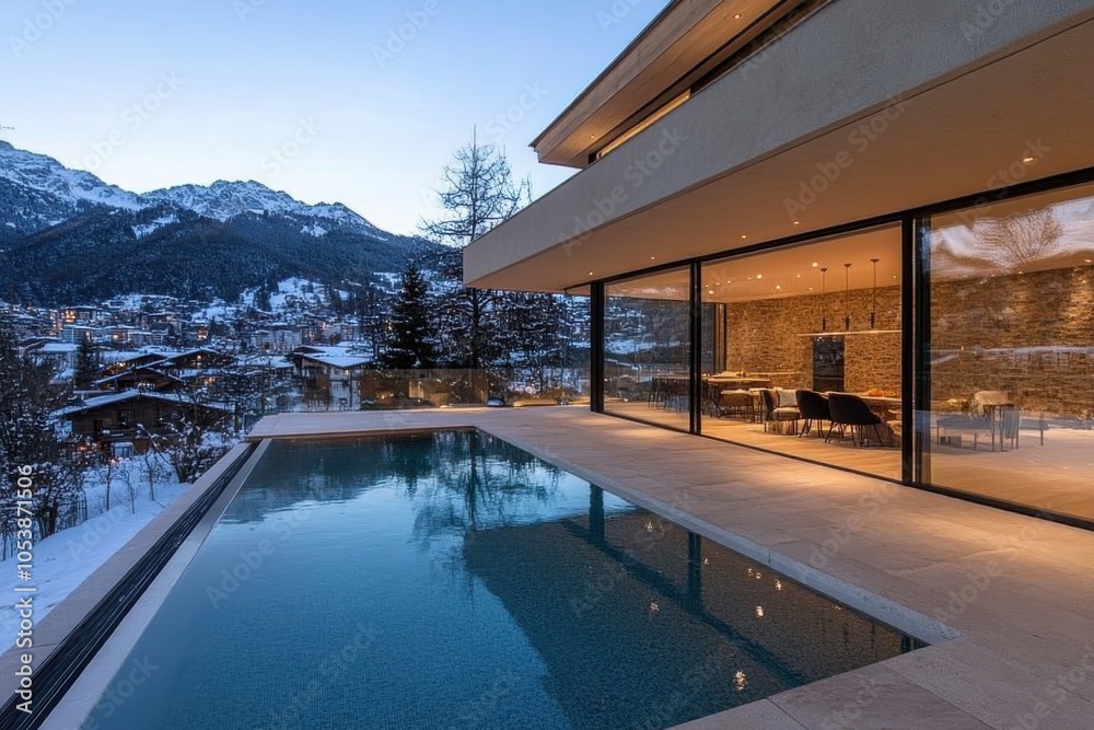 Fototapeta premium An elegant villa overlooking majestic mountains, complemented by a serene outdoor pool at dusk, showcasing stylish architecture and luxurious amenities.