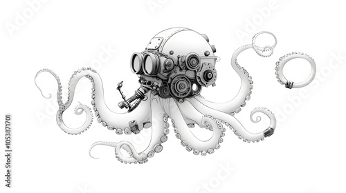 Intricately engraved black and white of an octopus wearing a steampunk inspired mechanical diving helmet blending organic and technological elements in an underwater scene photo