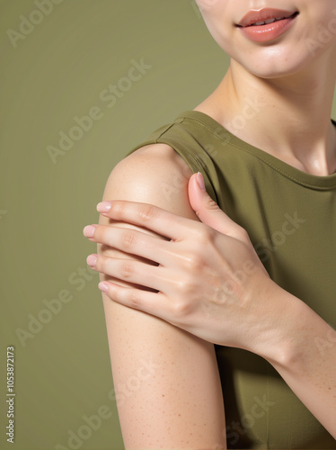 Woman holding shoulder in olive green top, chronic pain and muscle tension on green background