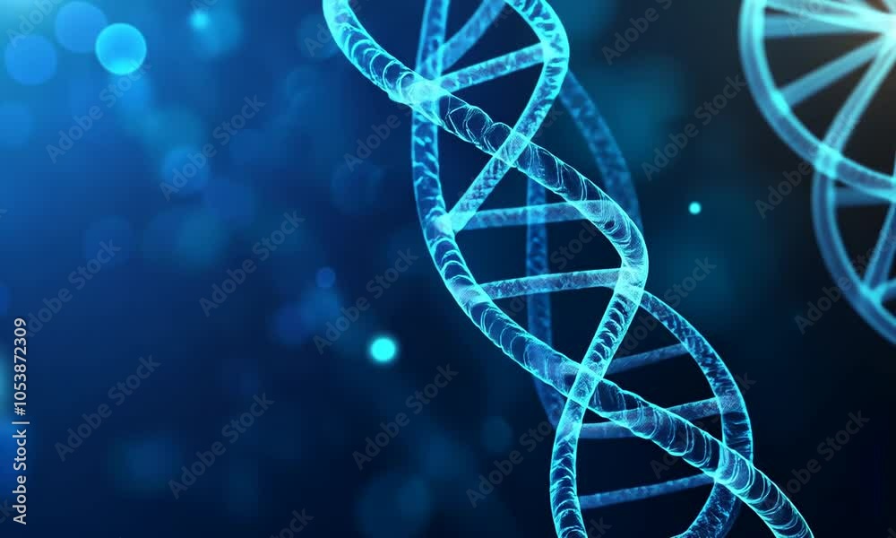 A digital rendering of a DNA double helix in blue tones, symbolizing genetics and biology.