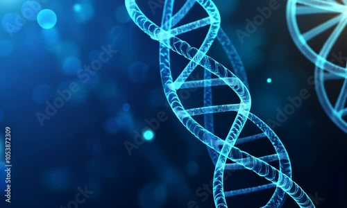 A digital rendering of a DNA double helix in blue tones, symbolizing genetics and biology.
