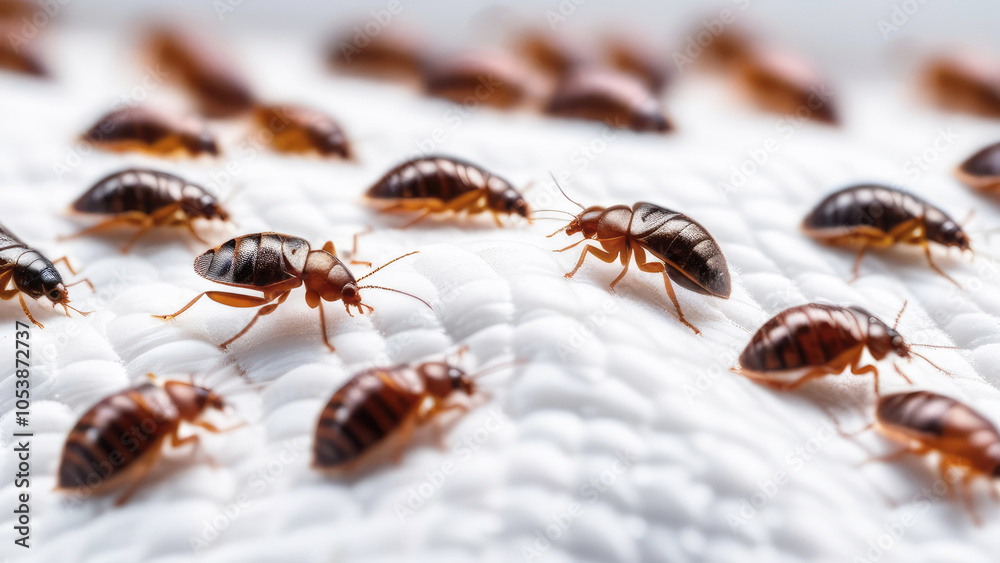 Close-up of bed bugs in the folds of a mattress. Controlling insect pests in homes Close-up of bed bugs in the folds of a mattress. Controlling insect pests in homes