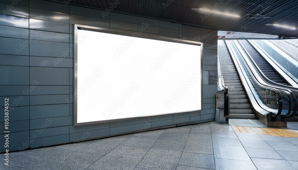 Blank advertising board next to modern staircase in subway station. 3D Rendering