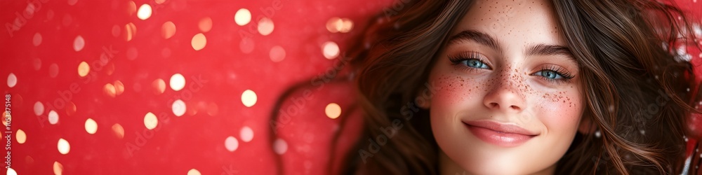 Fototapeta premium A woman with blue eyes and brown hair is smiling