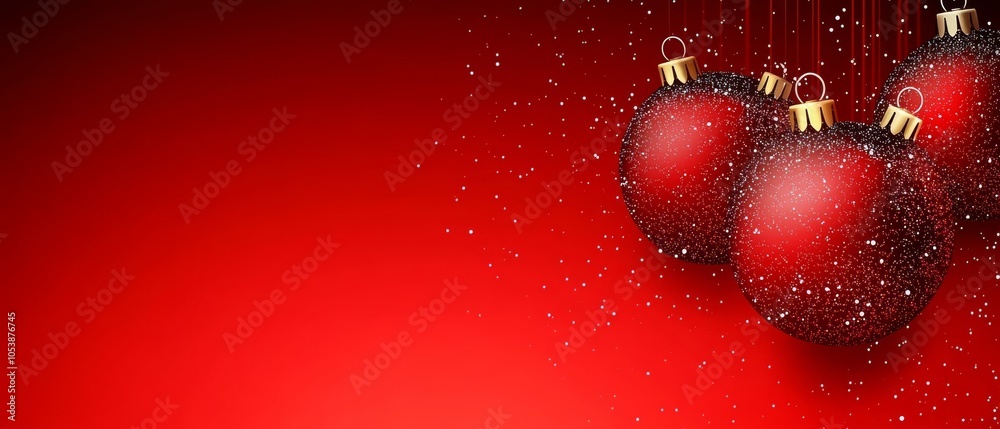 A red background with three red Christmas ornaments hanging from it