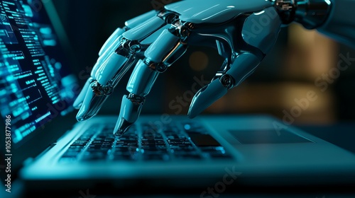 Close-Up of Robot Hand Operating Laptop with RPA Software to Verify and Sync Data for Future Business Technology photo