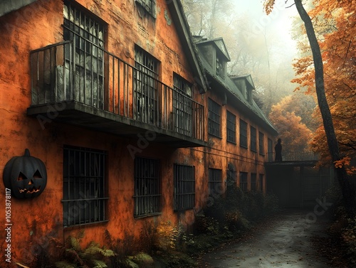 Eerie and Foreboding Halloween Asylum with a Decrepit Looming Building Barred Windows and a Shadowy Figure Watching from a Second Story Balcony photo