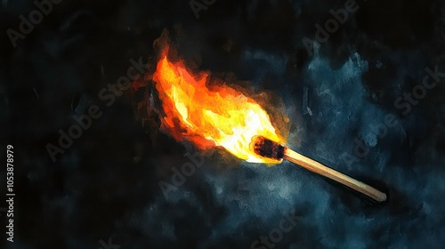 A lit matchstick with a vibrant flame against a dark background.