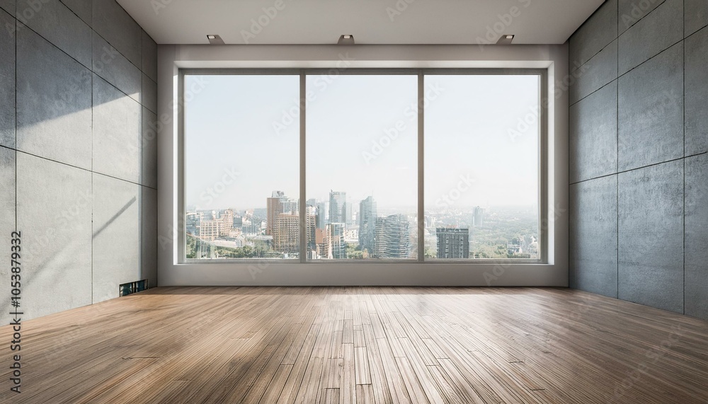 Fototapeta premium Bright interior with empty mock up place on concrete wall , wooden flooring, panoramic windows, city view and daylight. 3D Rendering.