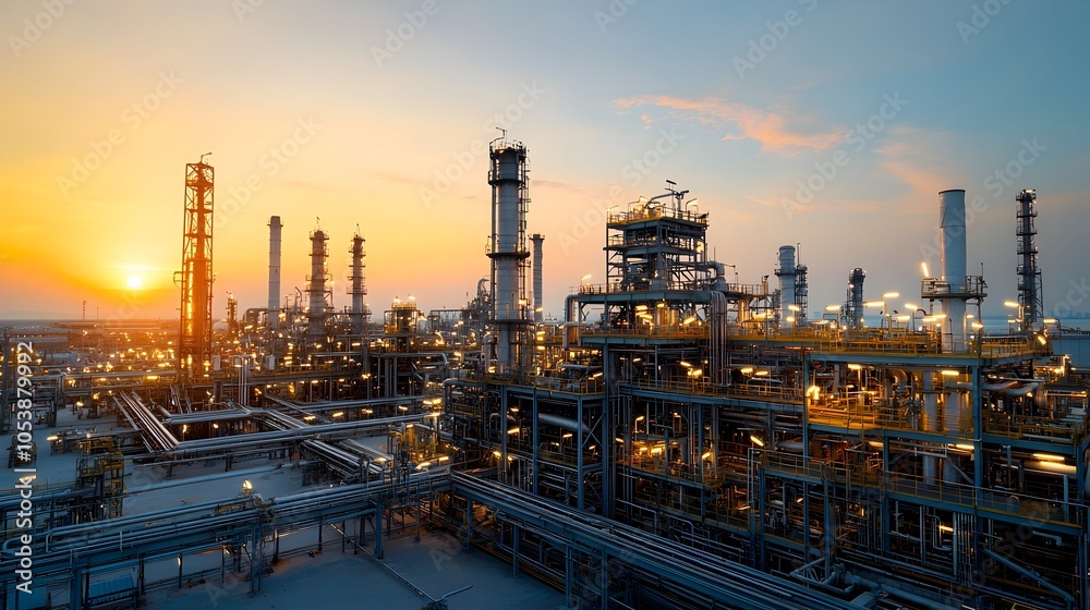 Sunset casting warm hues over a vast oil refinery with glowing lights and intricate industrial architecture highlighting the scale and complexity of the industrial facility Sunset casting warm hues over a vast oil refinery with glowing lights and intricate industrial architecture highlighting the scale and complexity of the industrial facility
