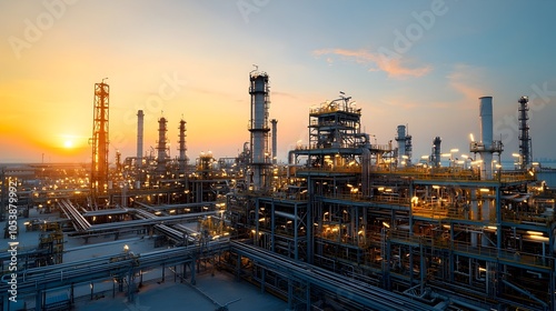 Sunset casting warm hues over a vast oil refinery with glowing lights and intricate industrial architecture highlighting the scale and complexity of the industrial facility