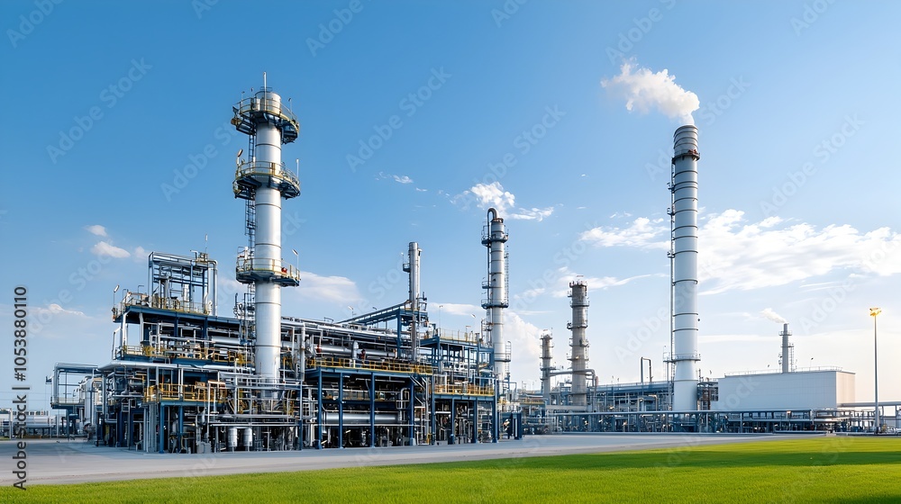 Fototapeta premium Aerial View of Expansive Oil Refinery Complex with Metallic Structures Glowing under Vivid Sunset Sky at Dusk