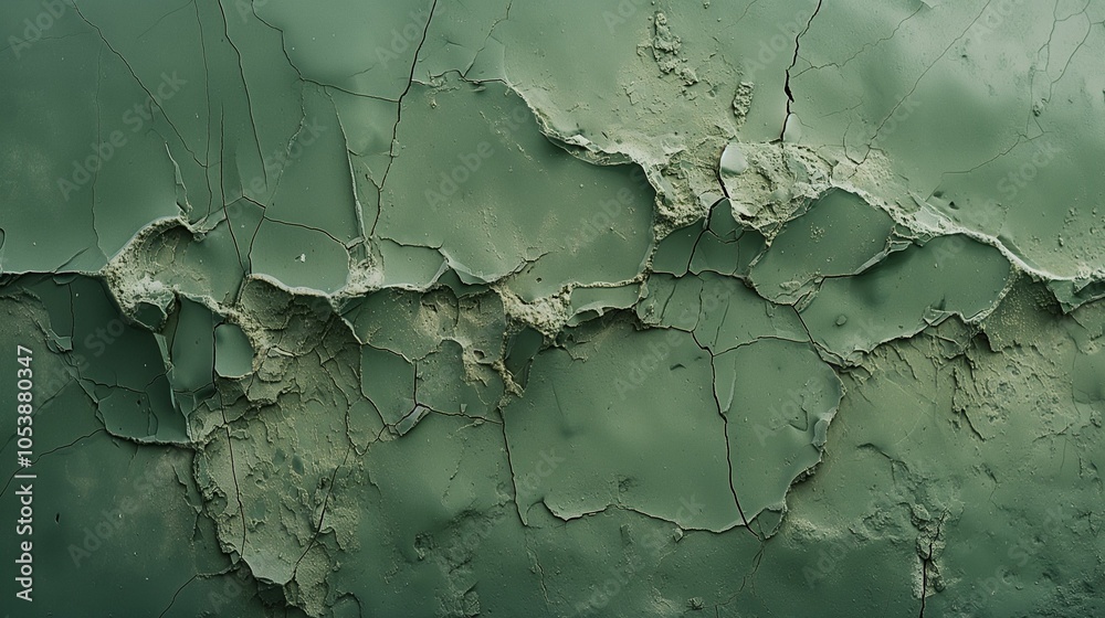 Obraz premium Matte Green Plaster Texture with Cracks and Rough Surface. Green marble slab