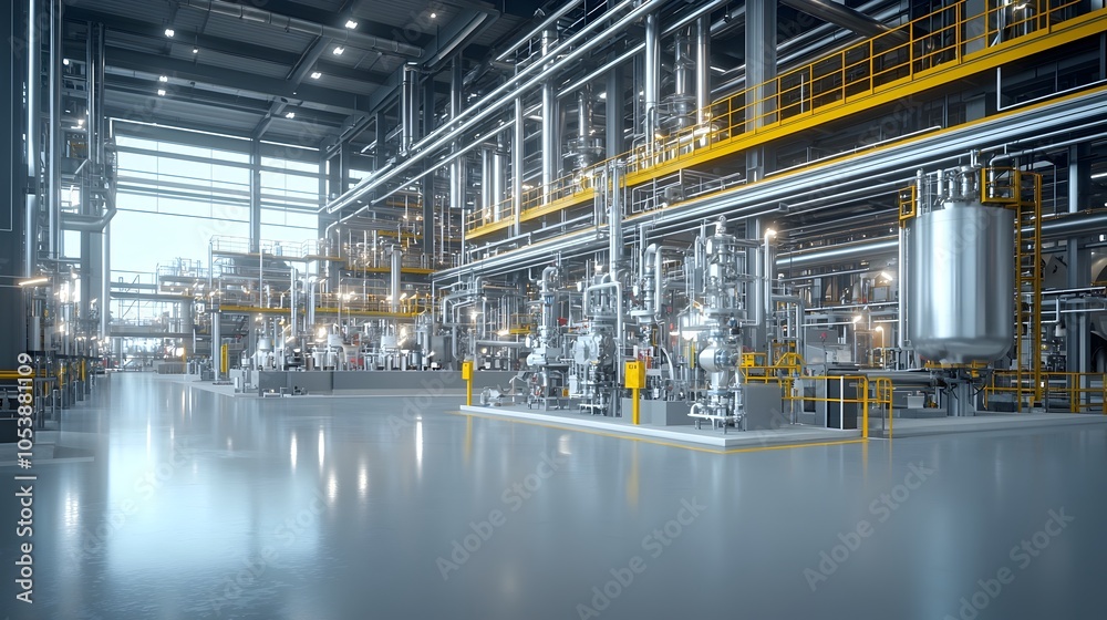 Fototapeta premium Sleek and modern high tech fuel refinery plant with an intricate network of pipelines showcasing innovative industrial design and advanced processing technology