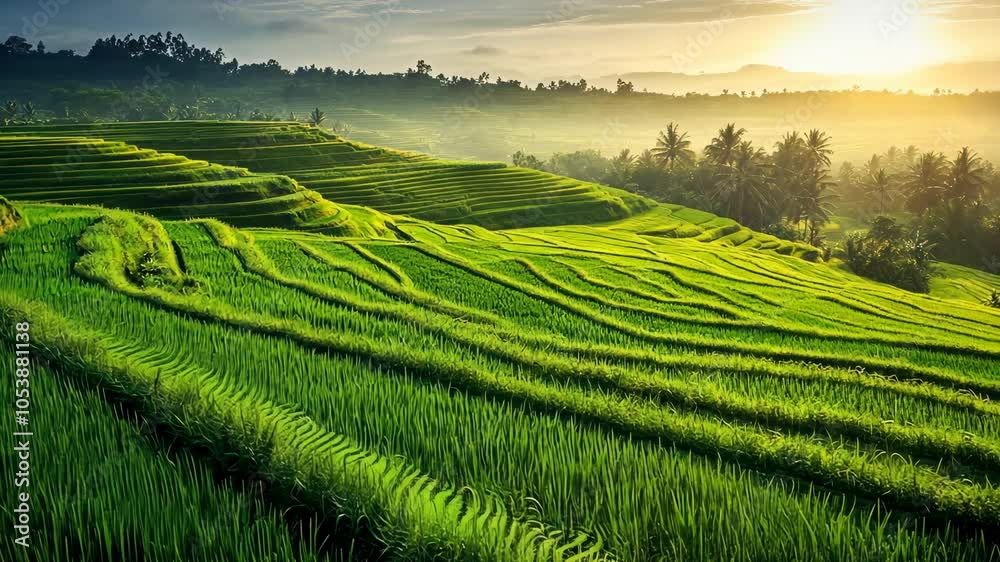 Green rice paddies stretch out across the hillside, creating a picturesque scene at sunrise Green rice paddies stretch out across the hillside, creating a picturesque scene at sunrise