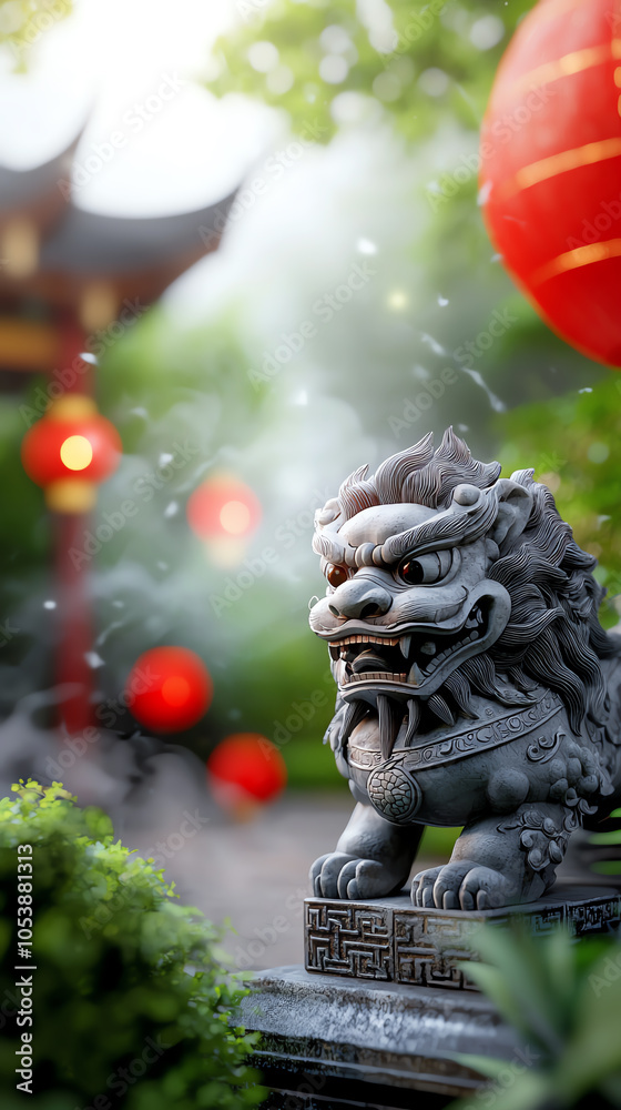 Fototapeta premium Mystical chinese lion statue enveloped in fog with glowing red lanterns in a serene garden setting