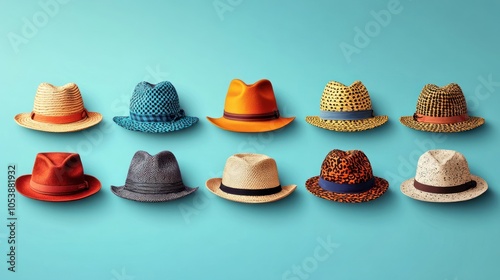 A Row of Ten Stylish Hats Against a Turquoise Background photo