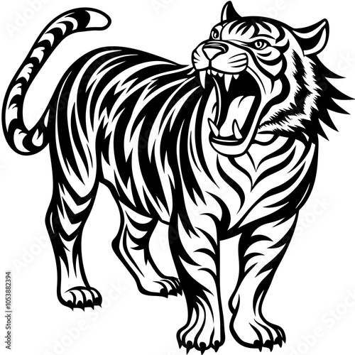 Roaring Tiger Silhouette on White Background